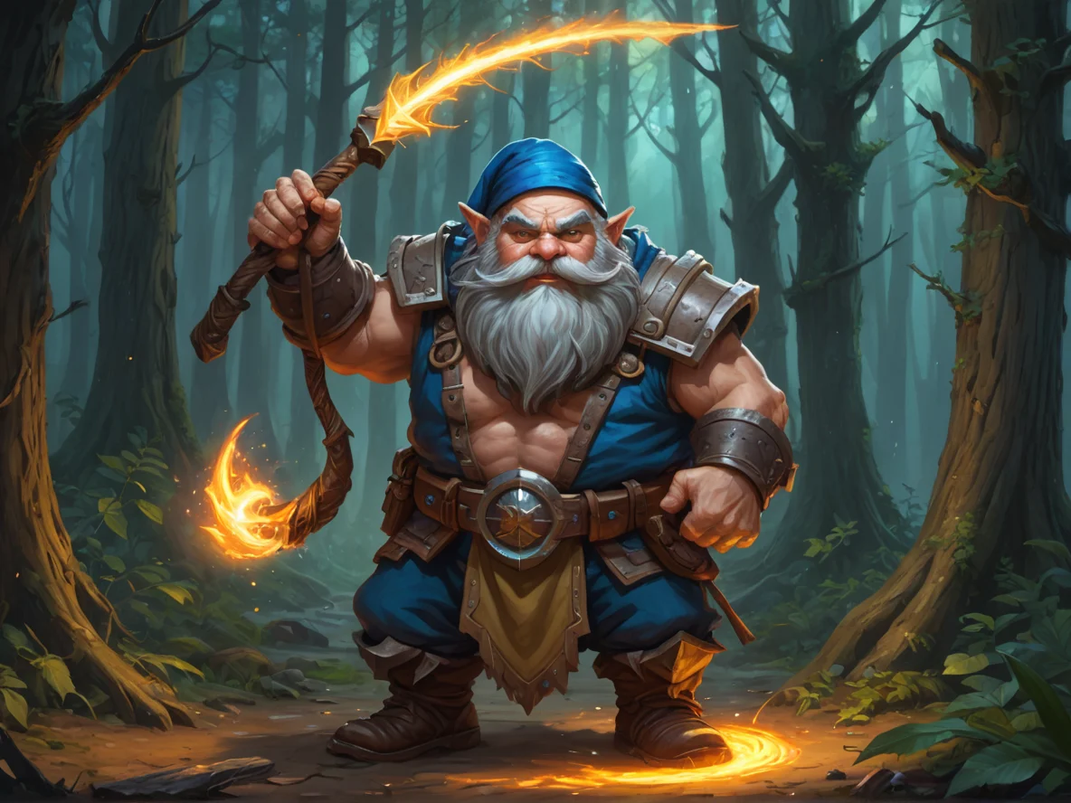Heroic (Dwarf:1.1), Engineer, Drawing an arcane bowstring with no visible arrow, dynamic angle, glowing forest, weak