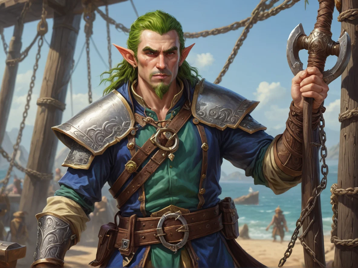 Wild (Elf:1.1), Cleric, A hammer carried by a chain wrapped around the waist, close-up portrait, pirate port, weak