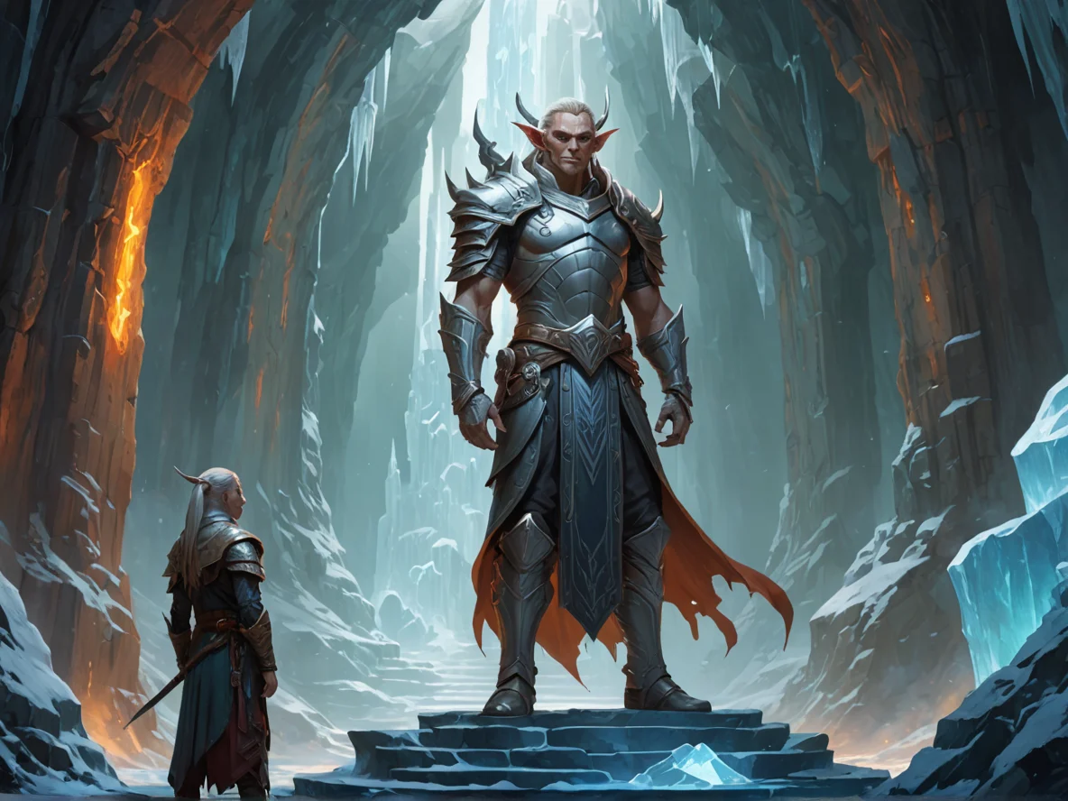 Flameforged (Elf:1.1), Monk, At the base of a towering statue, lost in thought, dynamic angle, ice cavern, weak