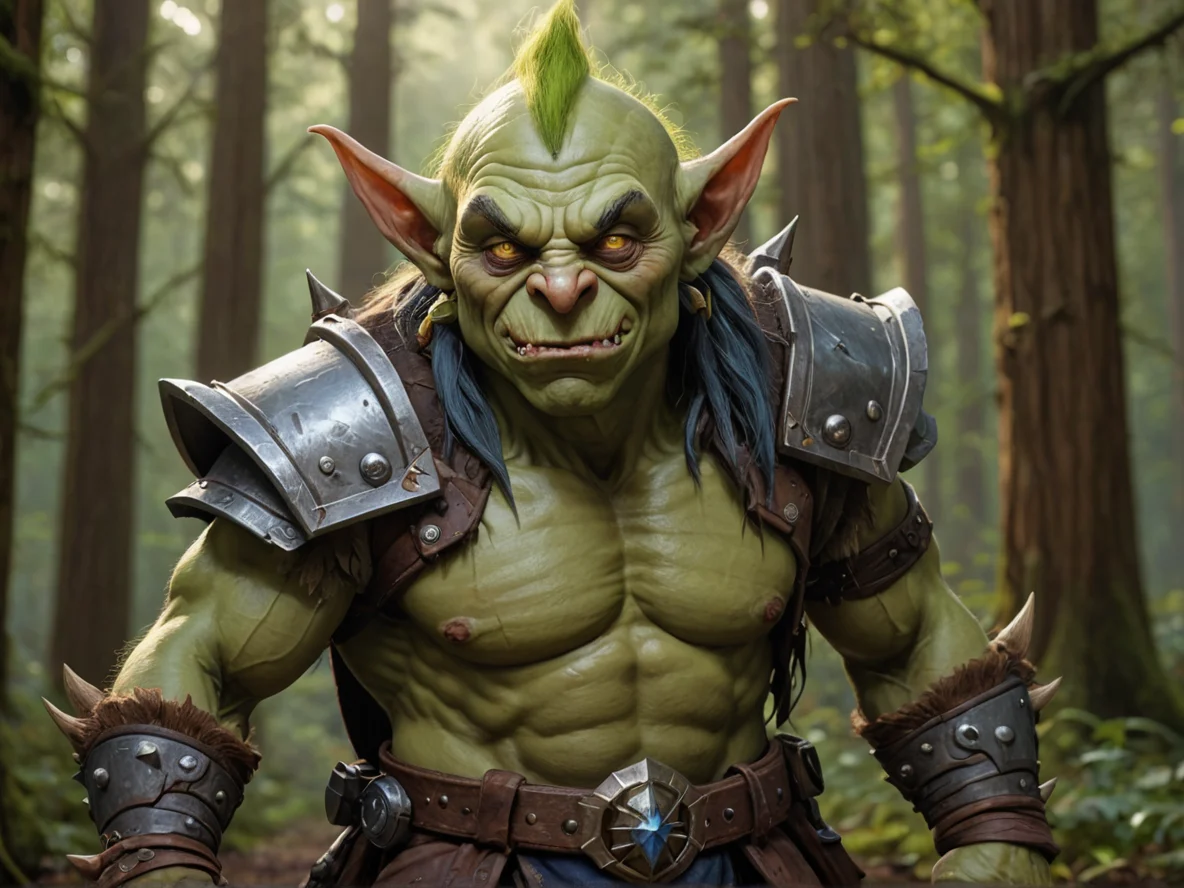 Stormforged (Goblin:1.1), Summoner, With a seductive posture and a mysterious smile, waist-up shot, redwood grove, weak
