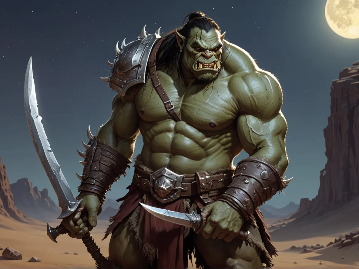 Cold-hearted (Orc:1.1), Juggernaut, Holding a broken sword as its pieces reconnect, three-quarter view, moonlit desert, weak