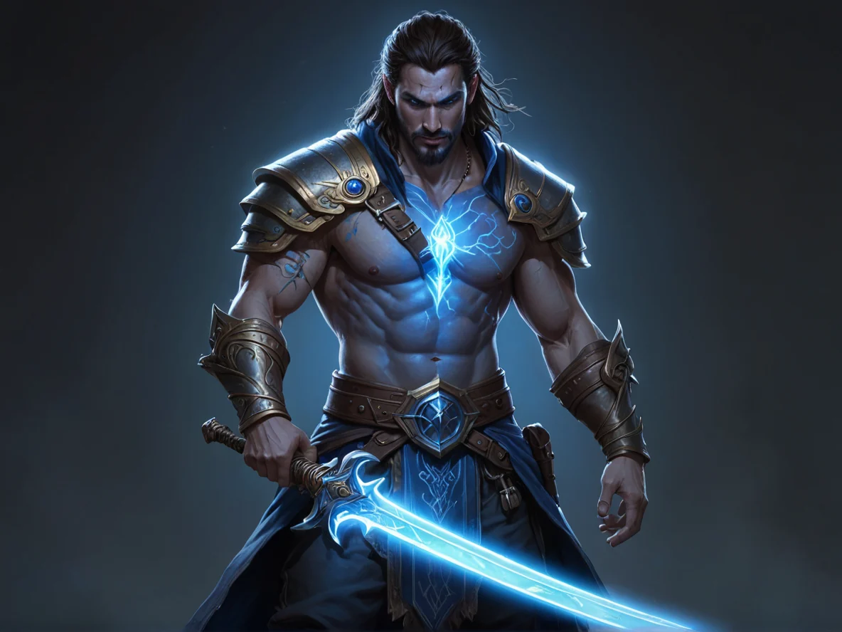 Fallen Human male, Latino, Bard, Carries a sword glowing with blue light, three-quarter view, weak