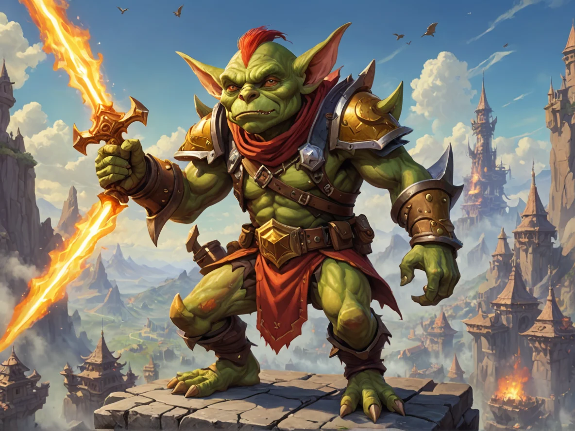 Star-touched (Goblin:1.1), Ranger, Wears fiery bracers, full-body shot, sky fortress, weak