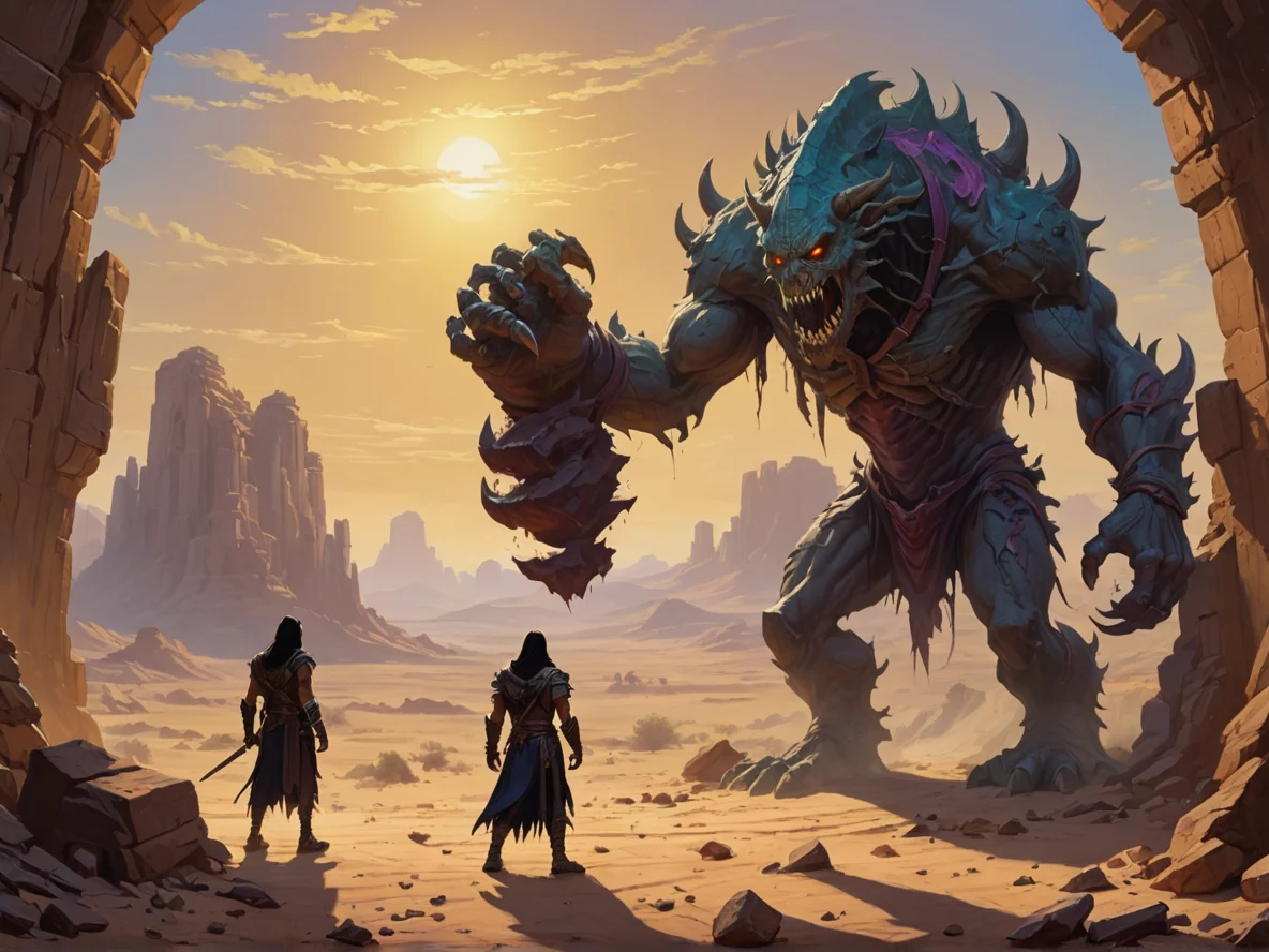 Pessimistic (Undead:1.1), Occultist, Facing a colossal shadow beast in the distance, three-quarter view, ancient desert ruins, weak