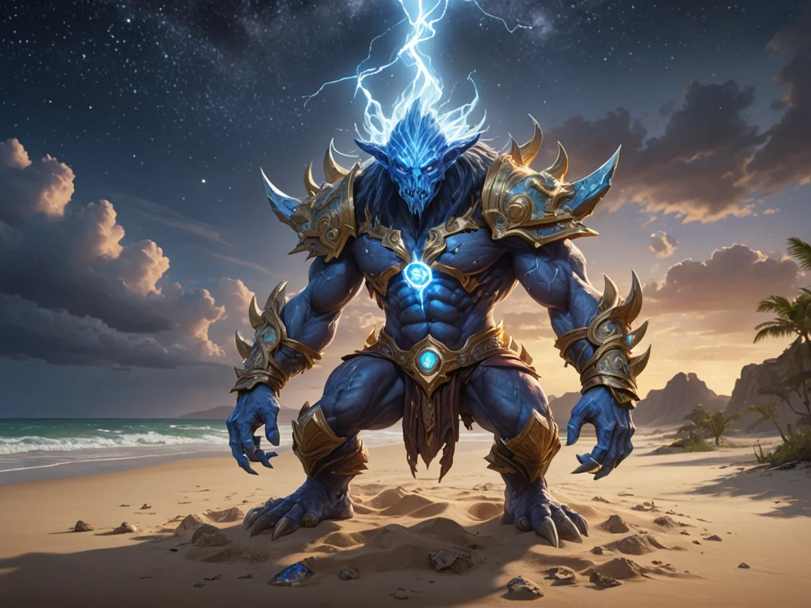 Skyforged (Air Elemental:1.1), small thundercloud body, lightning core, wind-ribbon legs, On a deserted island, drawing symbols in the sand, close-up portrait, starry plains, weak