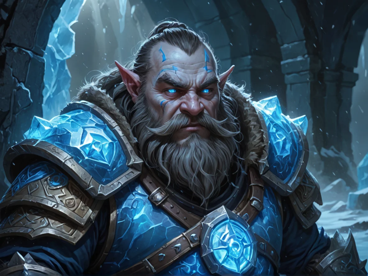 Arcane (Dwarf:1.1), Battlemage, In a tunnel of glowing blue ice, close-up portrait, submerged ruins, weak