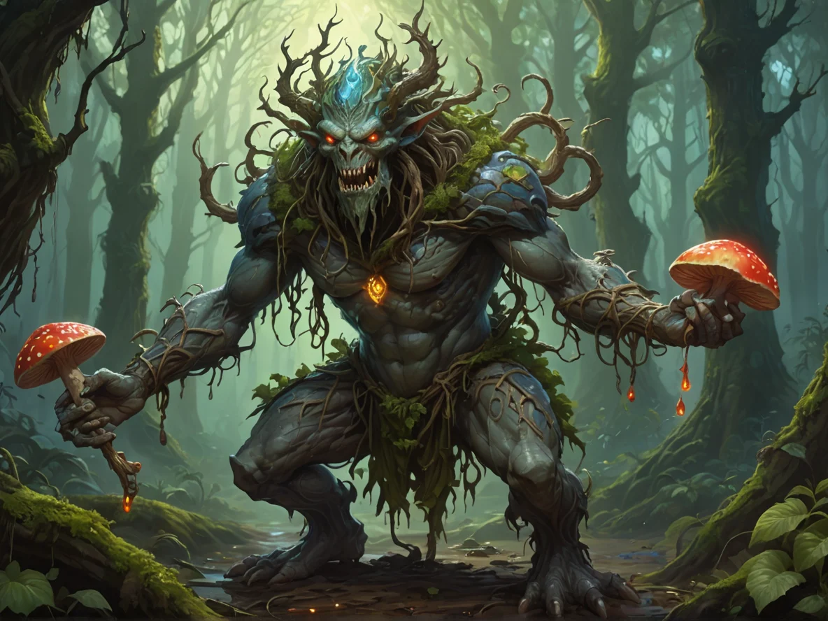 Brave (Earth Elemental:1.1), mud-and-vine creature, winding limbs, rooted stance, A hood crowned by a softly glowing mushroom, medium close-up, weak