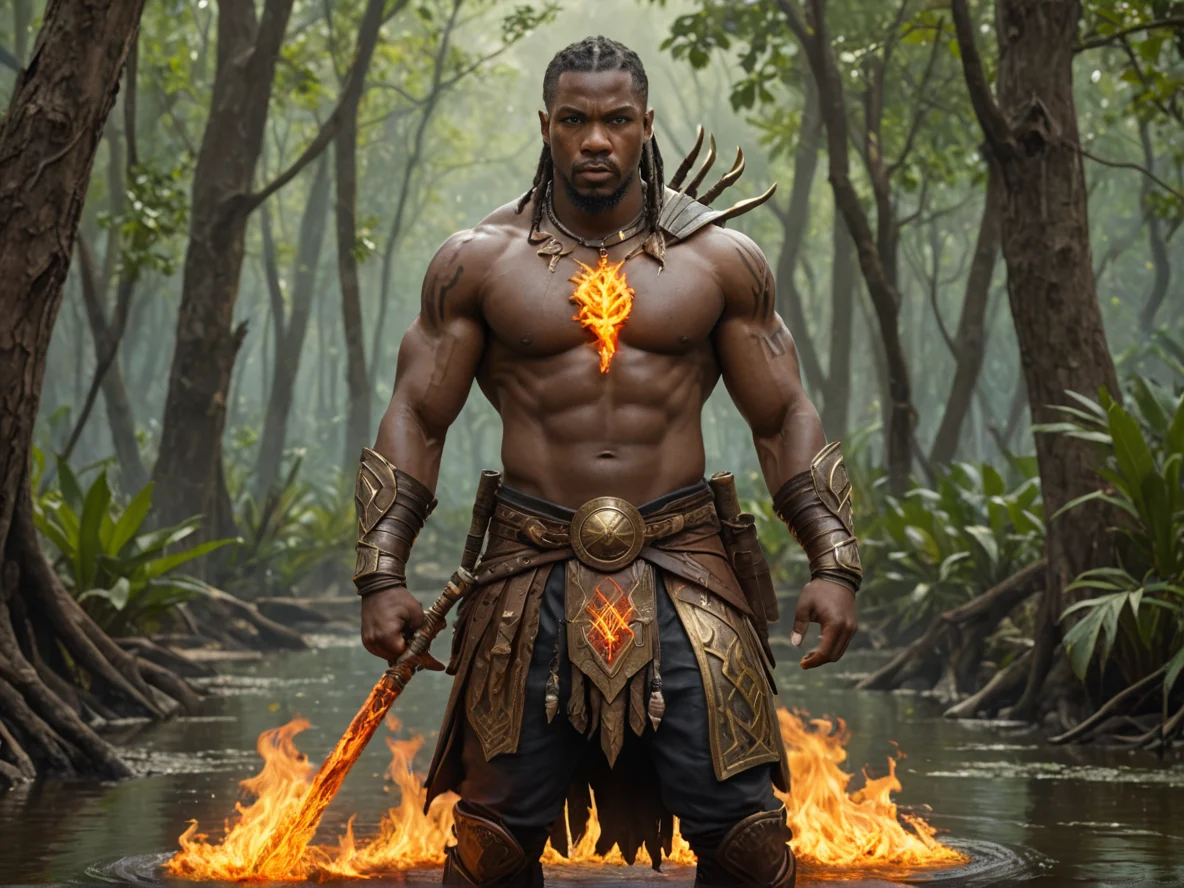 Stormborn Human male, African, Warrior, A burning sigil stamped across the back of one hand, waist-up shot, mangrove swamp, weak