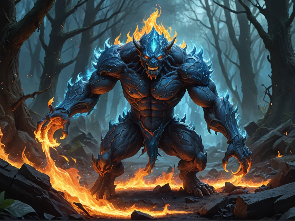 Infernal (Fire Elemental:1.1), living blaze, molten cracks, ember core, clawed silhouette, A wave of blue flame rolling outward along the ground, medium close-up, poison garden, weak