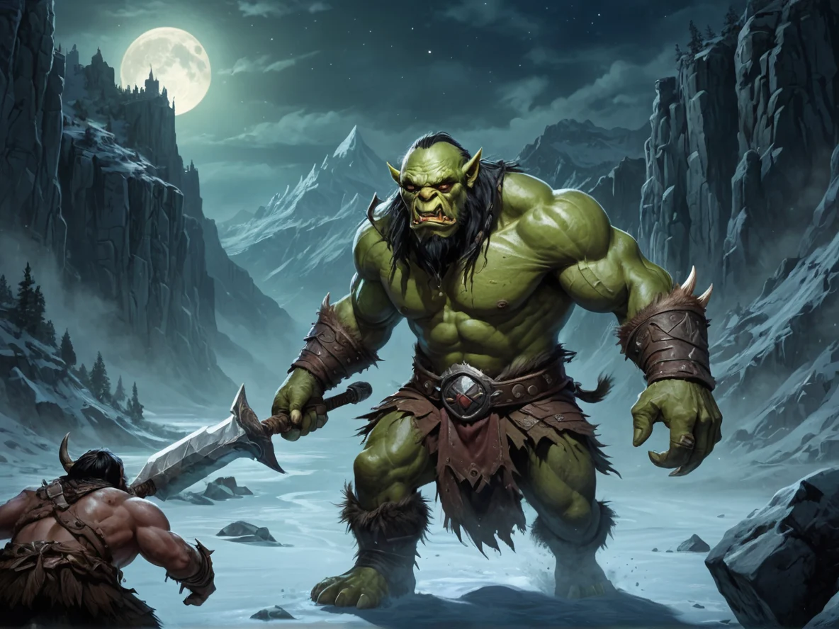 Wise (Orc:1.1), Barbarian, Chasing beast through moonlit canyon, medium close-up, frozen lake, weak