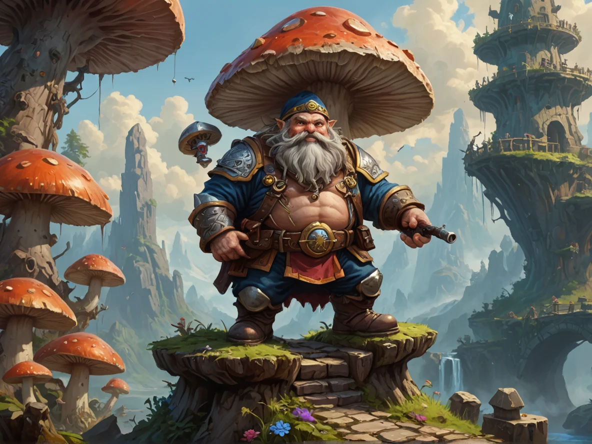Honorable (Dwarf:1.1), Gunslinger, Standing atop giant mushroom, medium close-up, broken bridge, weak