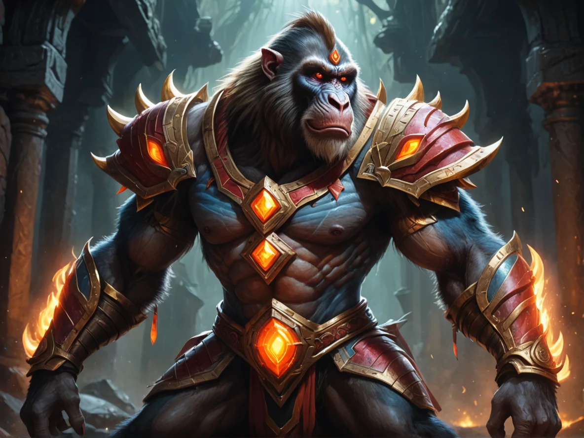 Cunning (Mandrill:1.1), Armor with glowing veins of magma, low angle shot, weak