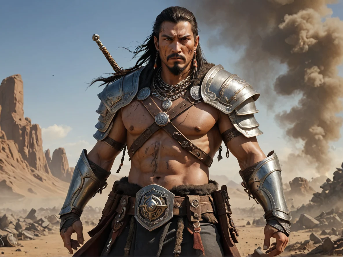 Reserved Human male, Central Asian, Assassin, A collar of floating iron links, low angle shot, scorched battlefield, weak