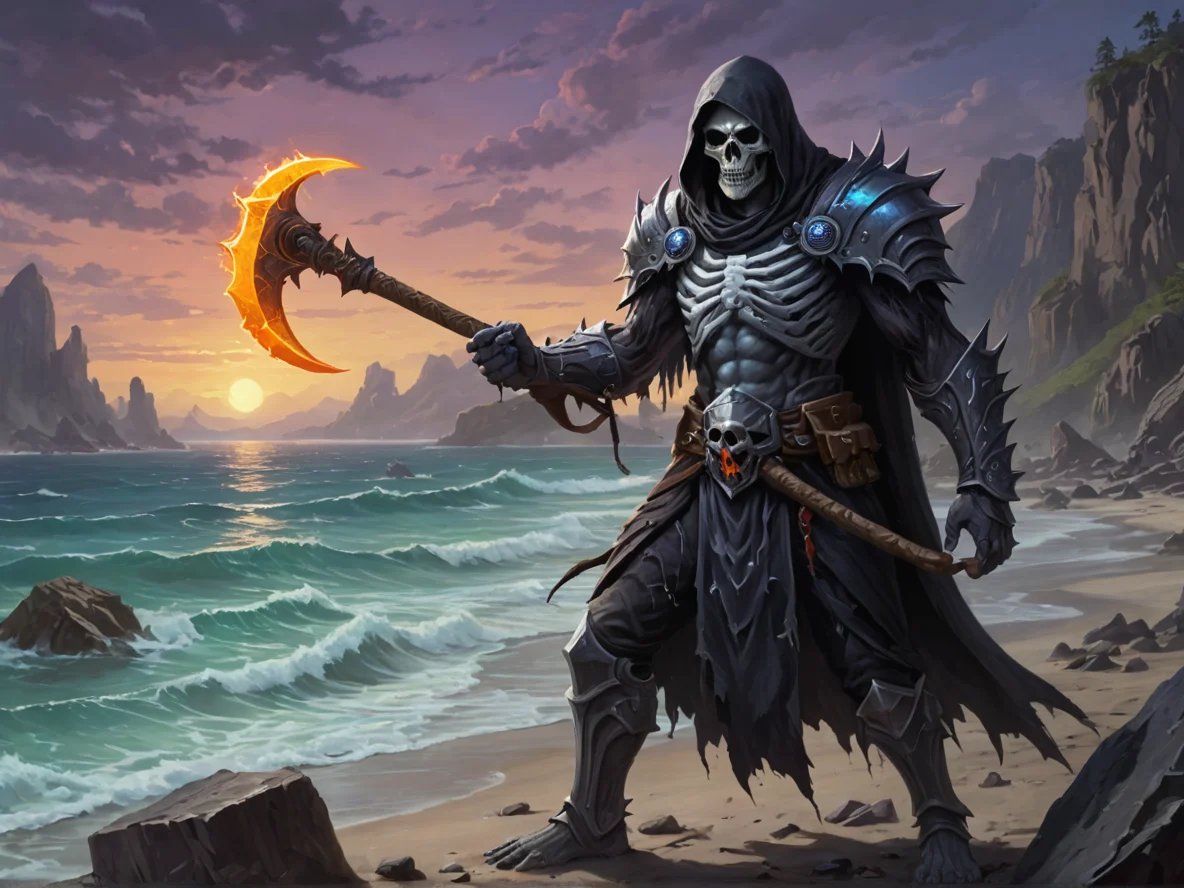 Patient (Undead:1.1), Reaper, A pair of axes joined by a glowing energy tether, waist-up shot, rocky coast, weak