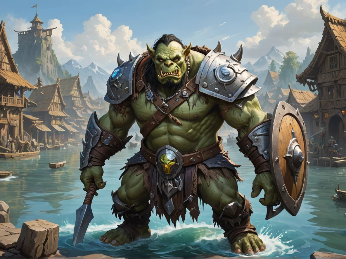 Skyforged (Orc:1.1), Myrmidon, Crystal shield that reflects attacks, three-quarter view, fishing village, weak