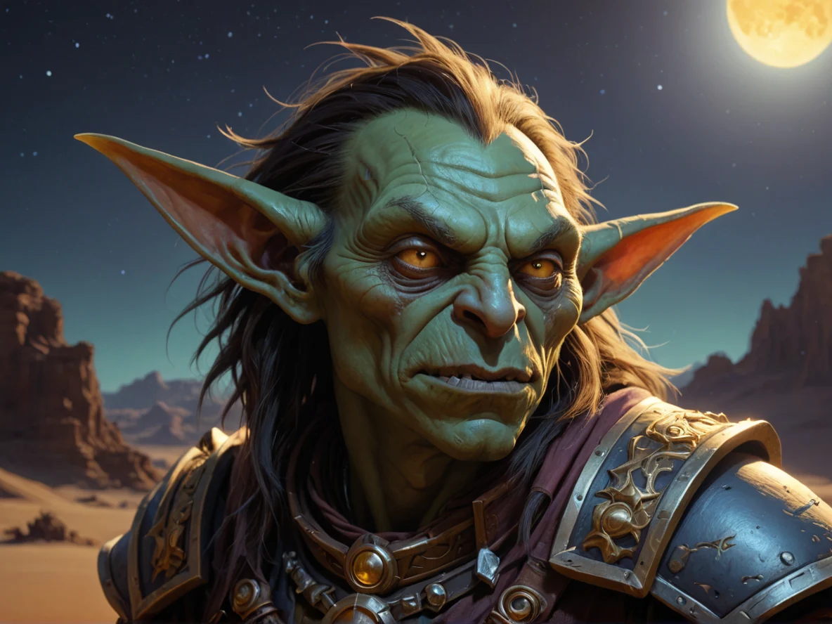 Vengeful (Goblin:1.1), Artificer, A small sun hovering behind the head, close-up portrait, moonlit desert, weak