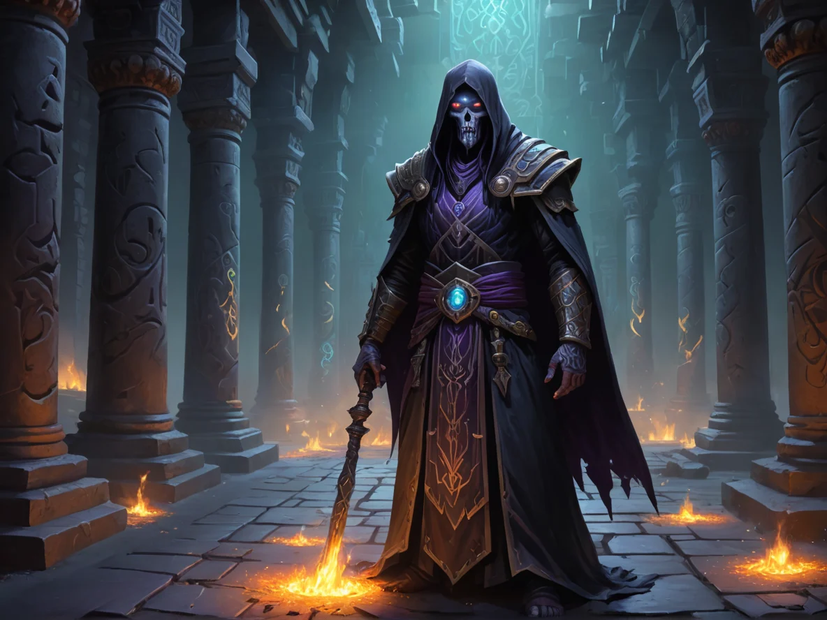 Determined (Undead:1.1), Shadow Priest, Inside a temple with walls covered in glowing runes, waist-up shot, black sand beach, weak