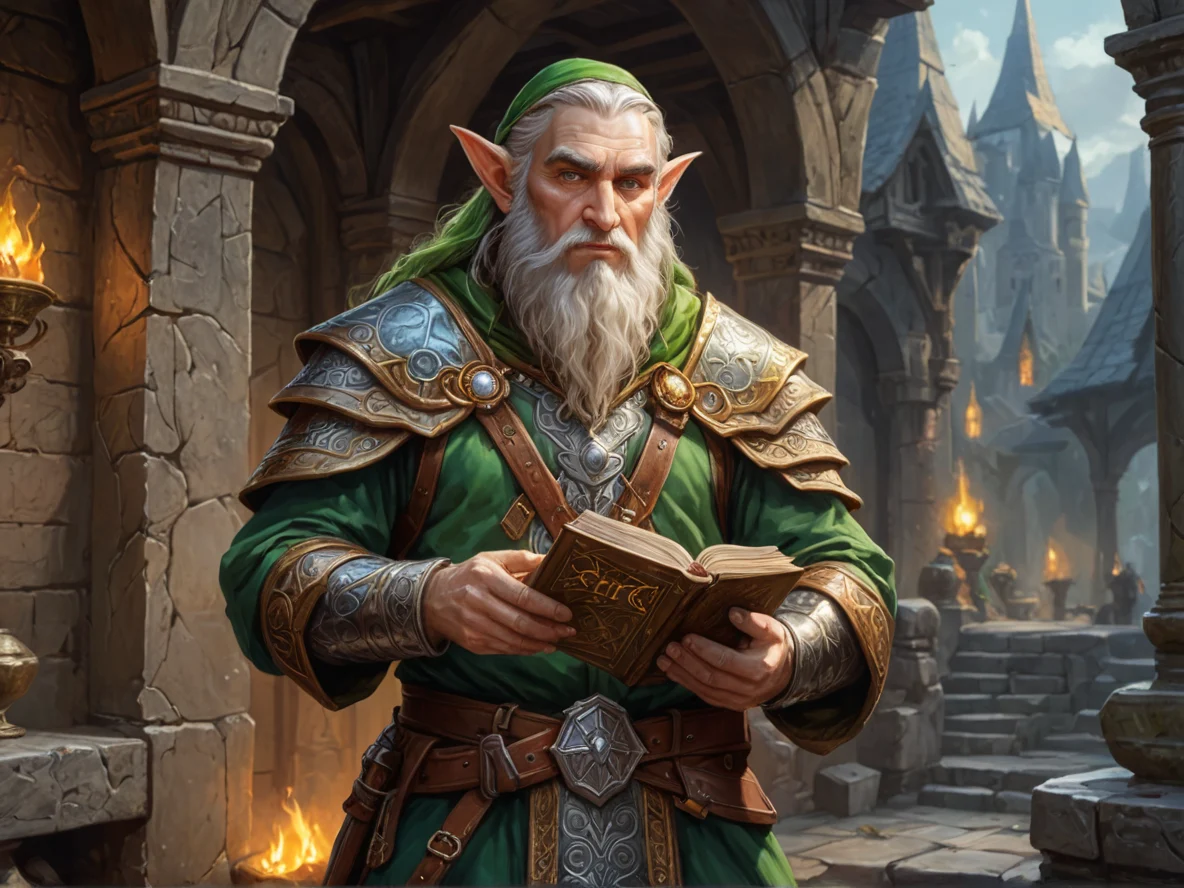 Honorable (Elf:1.1), Oracle, Carries an ancient book on the belt, medium close-up, dwarven forge, weak