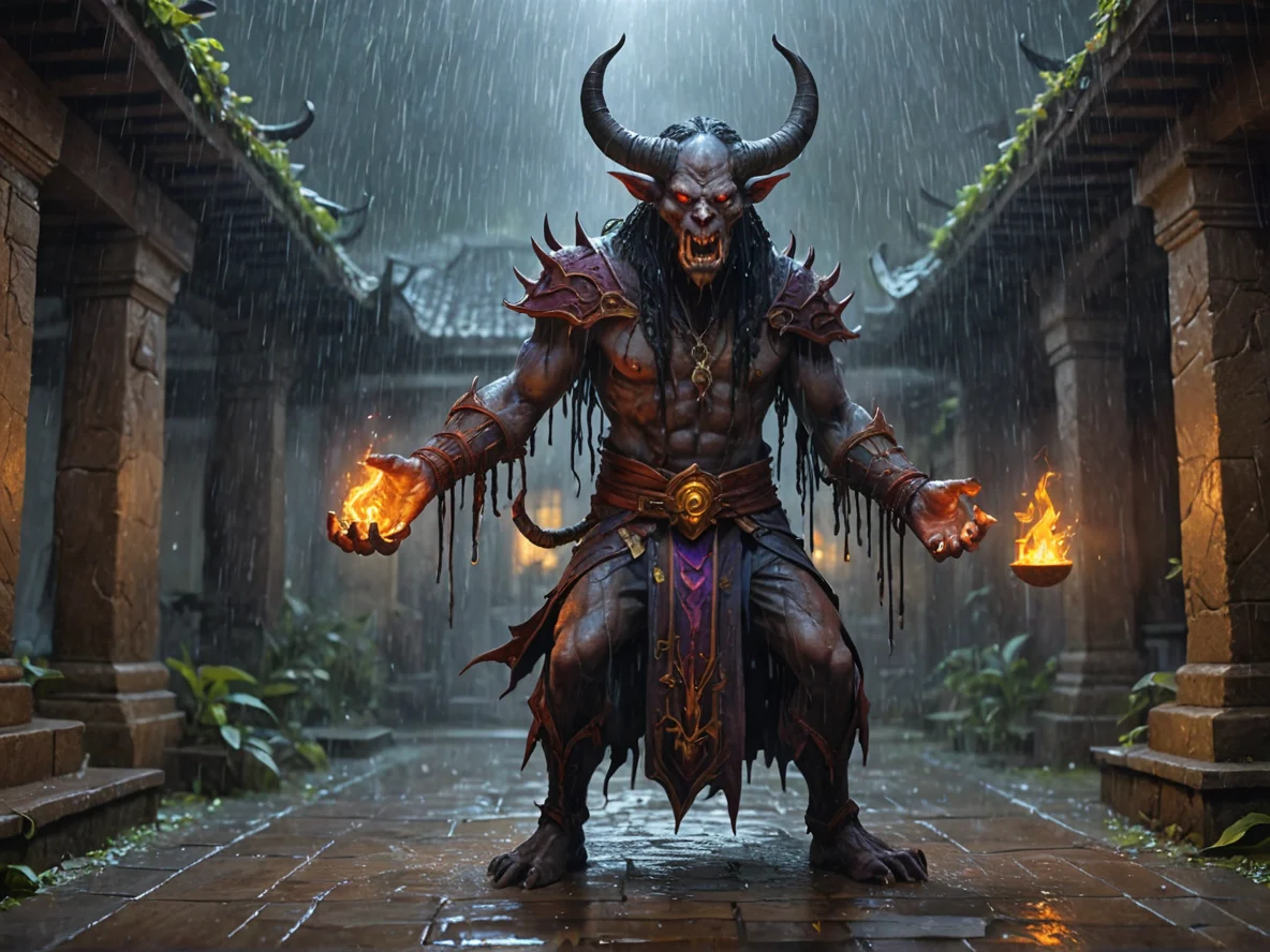Nimble (Demon:1.1), Occultist, In a courtyard where rain falls upward, three-quarter view, ritual chamber, weak