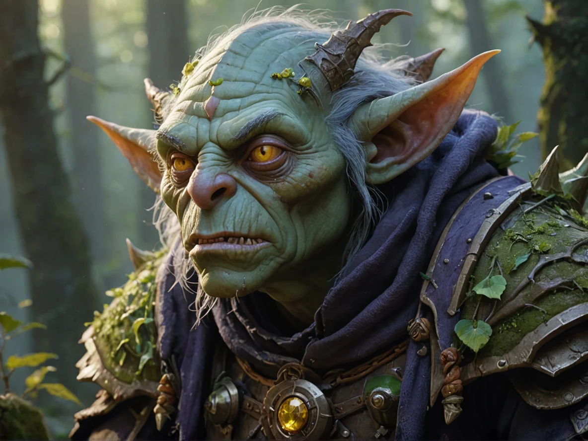 Duskwoven (Goblin:1.1), Sentinel, A heavy coat dusted with glowing pollen, close-up portrait, misty forest, weak