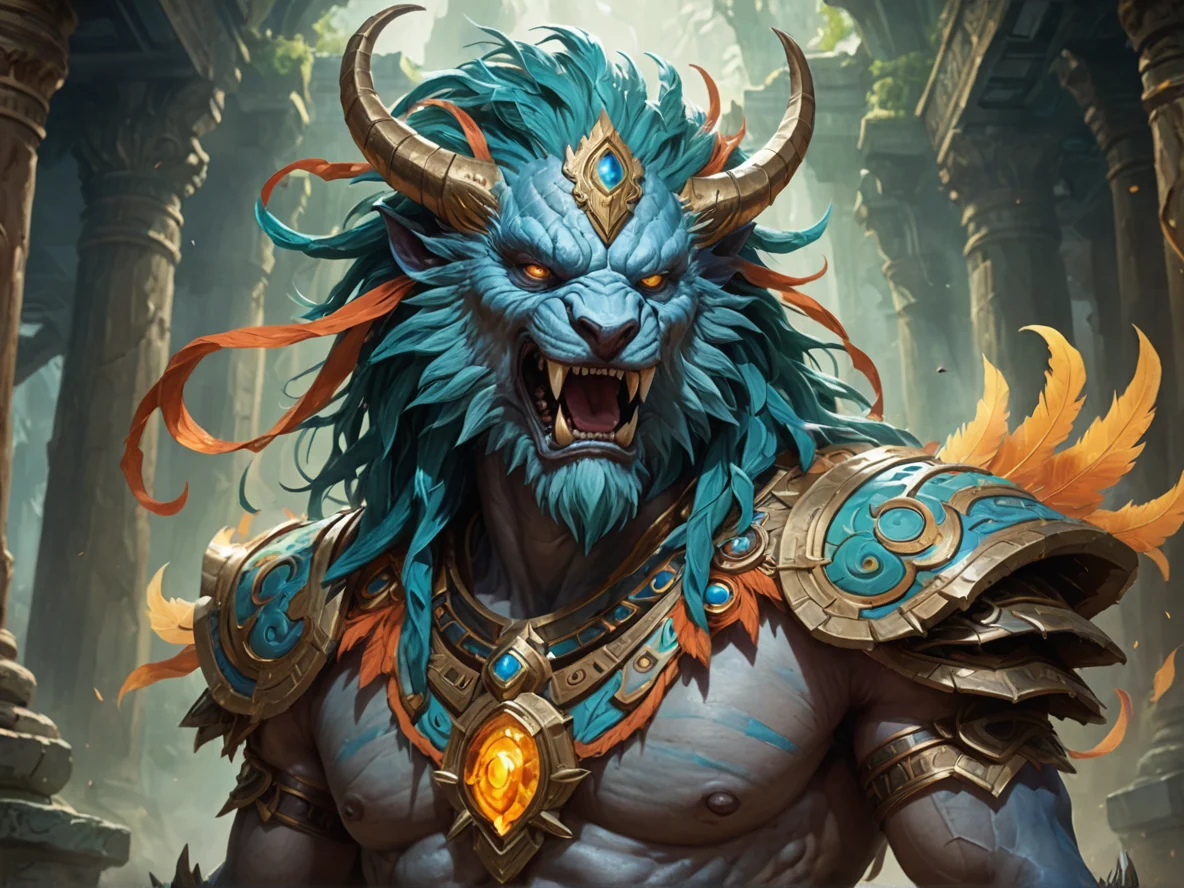Fearsome (Air Elemental:1.1), serpentine air body, hollow vortex core, silk-like streamers, A mane of feathers framing the face, three-quarter view, ancient temple, weak
