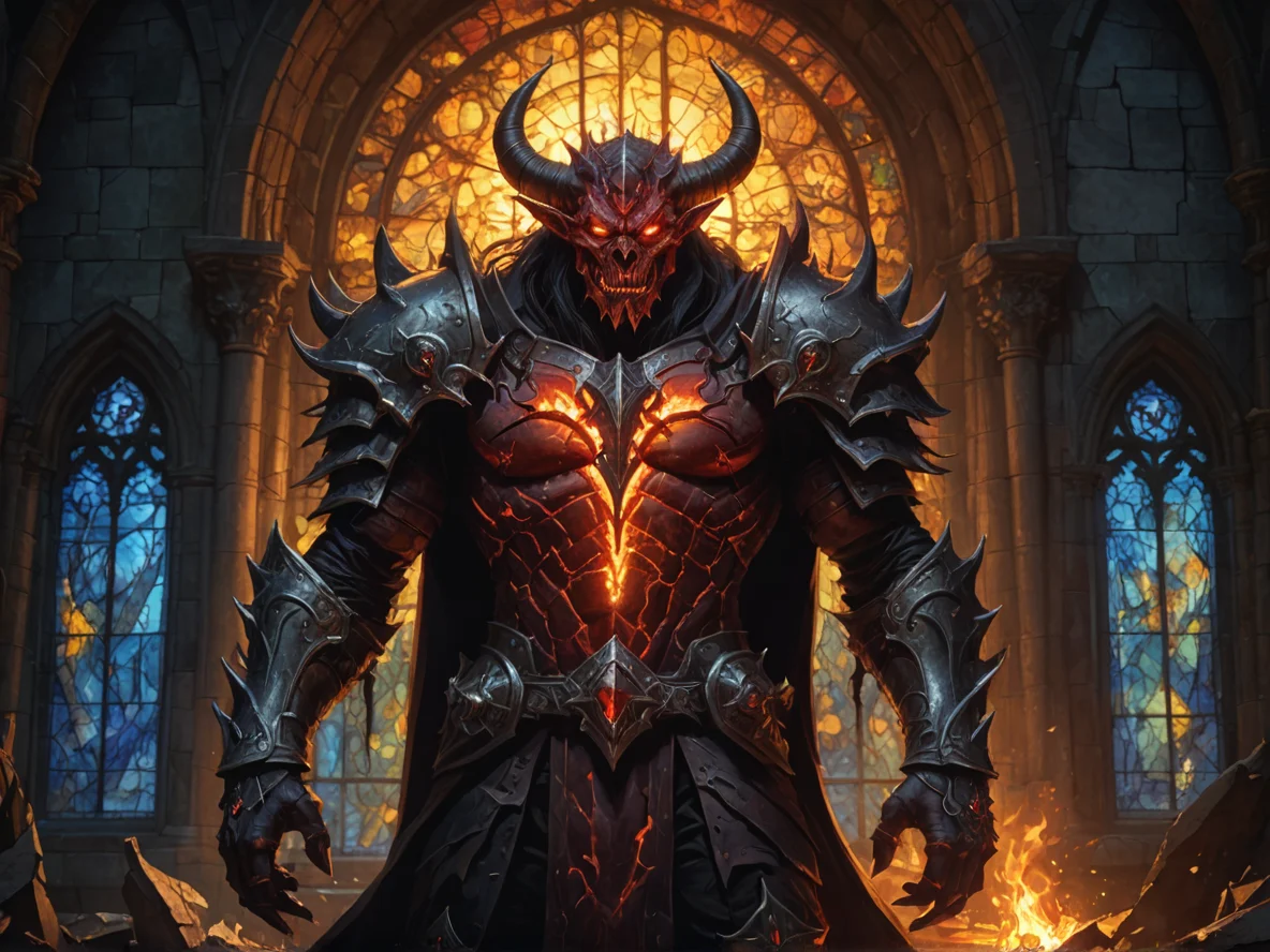 Vicious (Demon:1.1), Pyromancer, Standing in a ruined cathedral, light filtering through broken stained glass, medium close-up, moonlit woods, weak