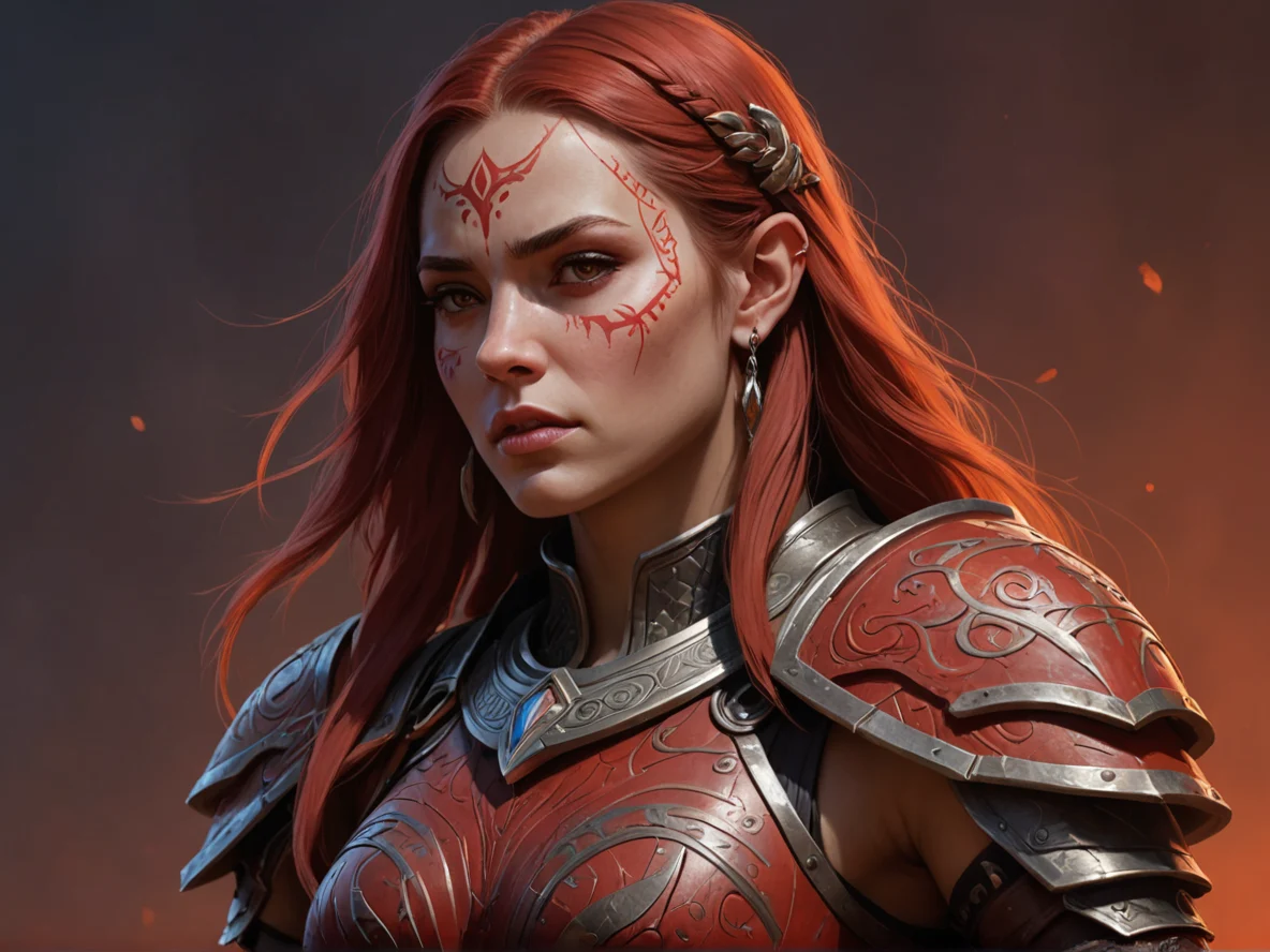 Nightbound Human female, Caucasian, Knight, Tusks carved with tribal runes, three-quarter view, red fog, weak