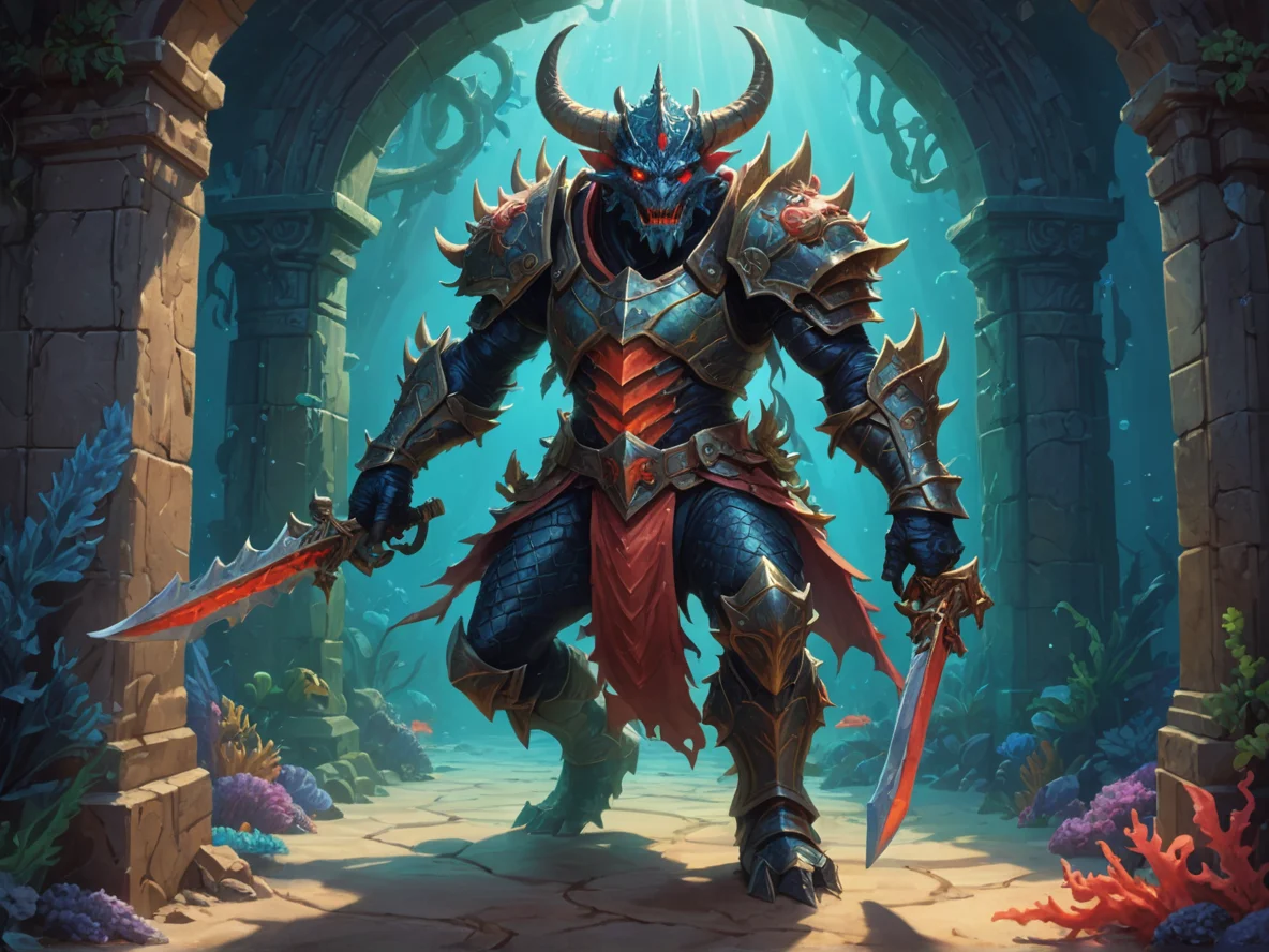 Cold-hearted (Demon:1.1), Dragon Knight, Stepping through their own shadow like a doorway, medium close-up, coral reef, weak