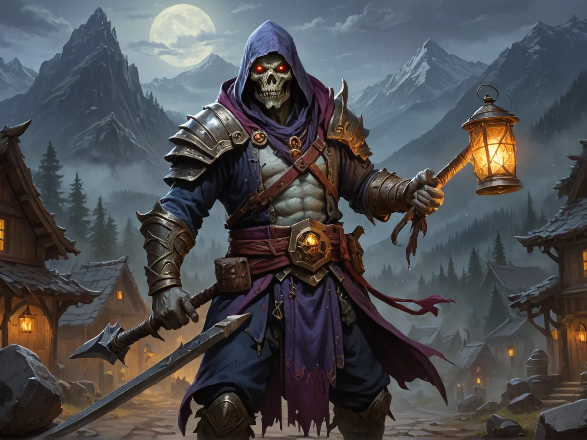 Unyielding (Undead:1.1), Occultist, A polearm fitted with a lantern beneath its blade, waist-up shot, mountain village, weak