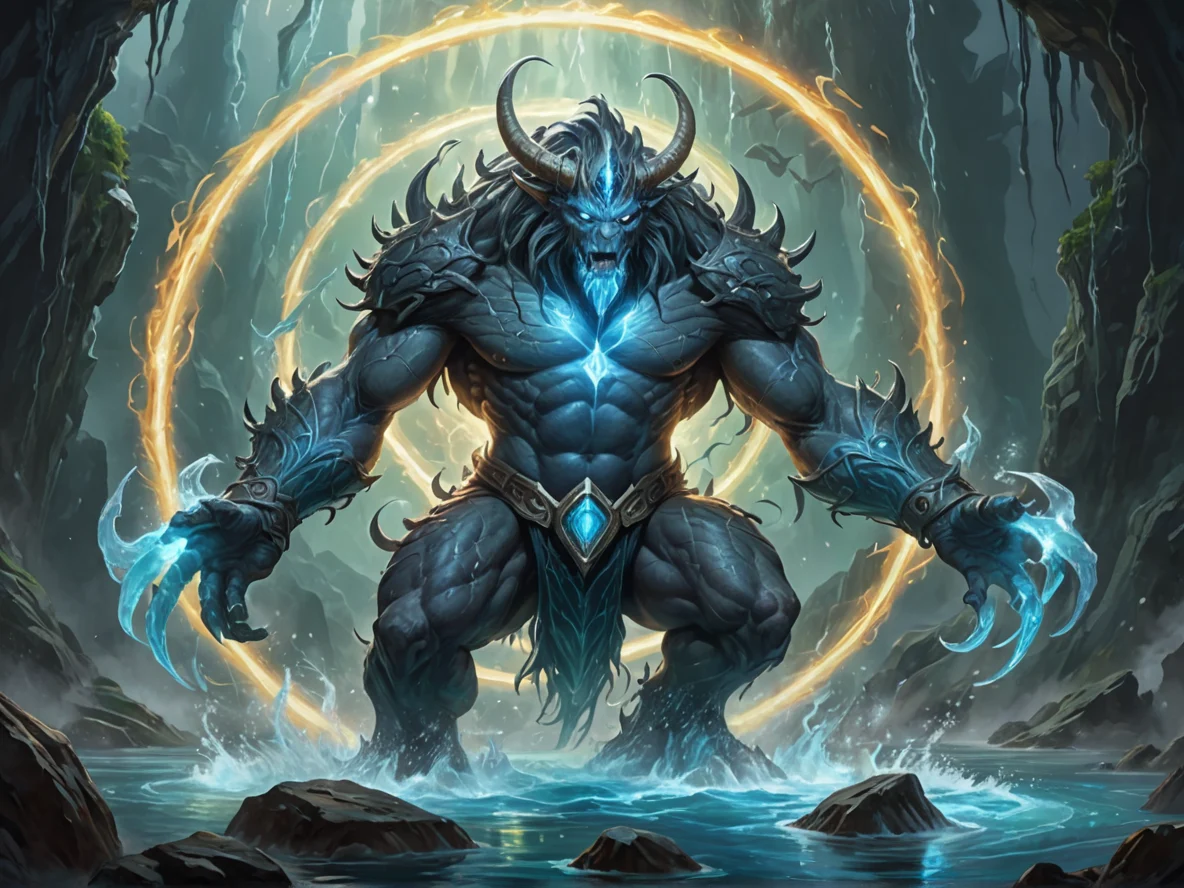 Stormborn (Water Elemental:1.1), deep-sea spirit, ice fins, glowing core, tendril legs, Barefoot but surrounded by a halo of energy, dynamic angle, giant stone circle, weak