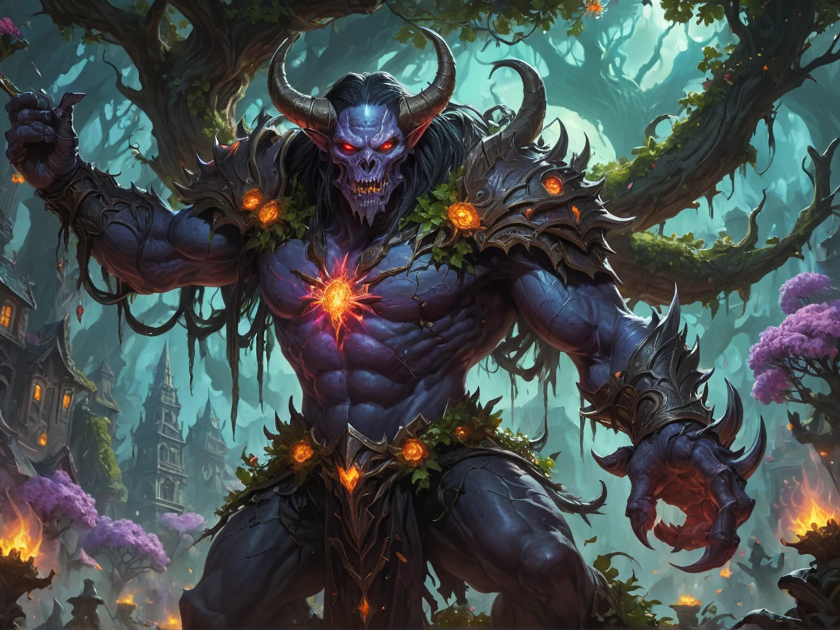 Merciless (Demon:1.1), Necromancer, Scaling colossal tree city with glowing flowers, close-up portrait, weak