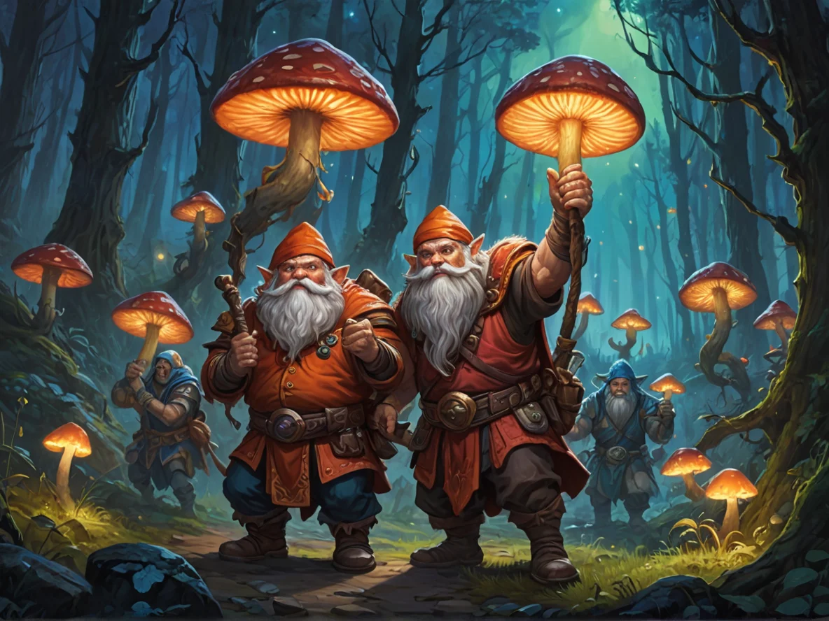 Flameforged (Dwarf:1.1), Monk, Leading caravan through whispering mushroom forest, three-quarter view, aurora night, weak