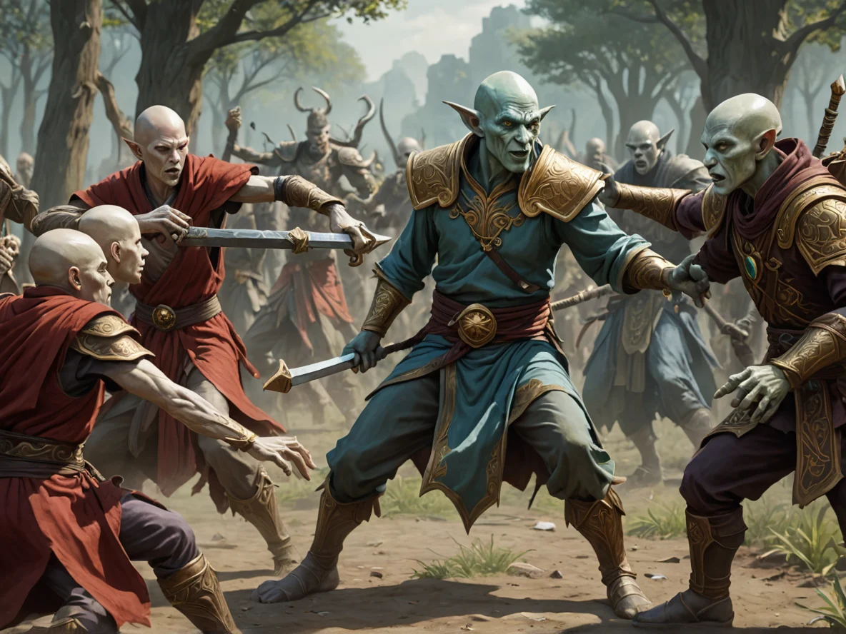 Vengeful (Elf:1.1), Monk, Fighting alongside living statues, three-quarter view, bone field, weak