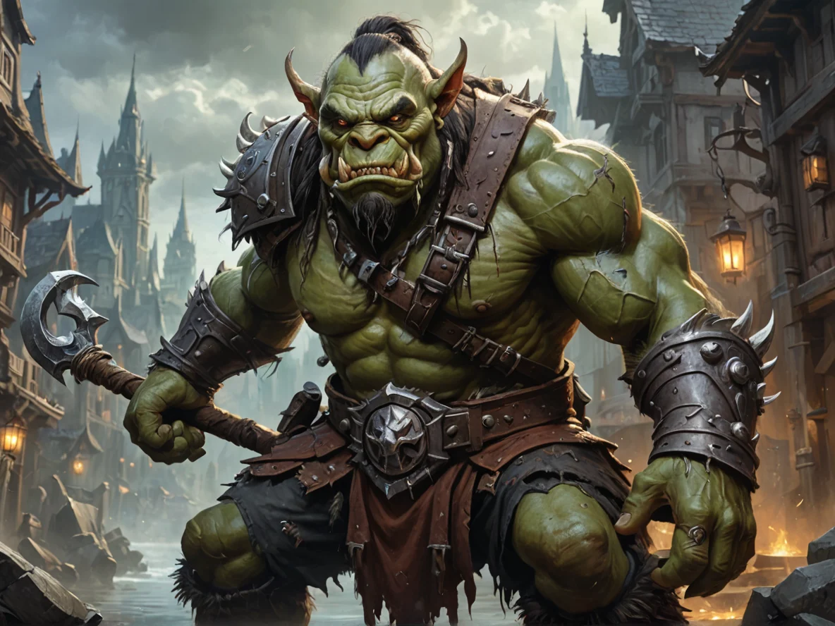 Stormborn (Orc:1.1), Warrior, A staff with roots that curl around the wielder's arm, close-up portrait, floating city, weak
