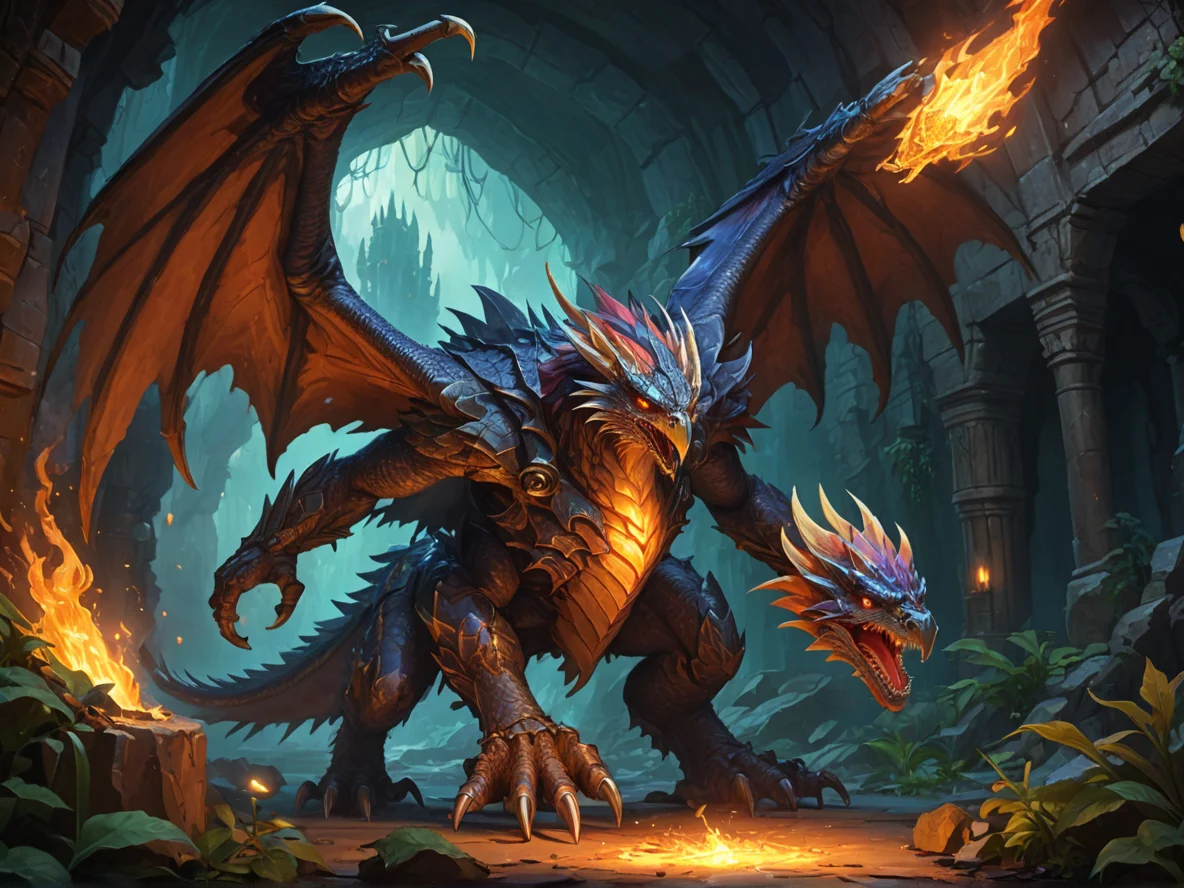 Flameforged (Hawk:1.1), Inside a cavern containing a sleeping mechanical dragon, low angle shot, magical garden, weak