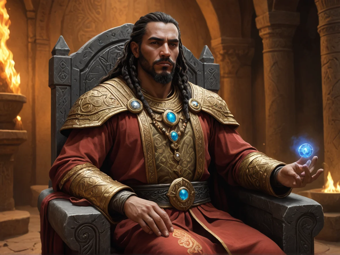 Hallowed Human male, North African, Cleric, A pact seal branded on the palm, three-quarter view, cavern throne room, weak