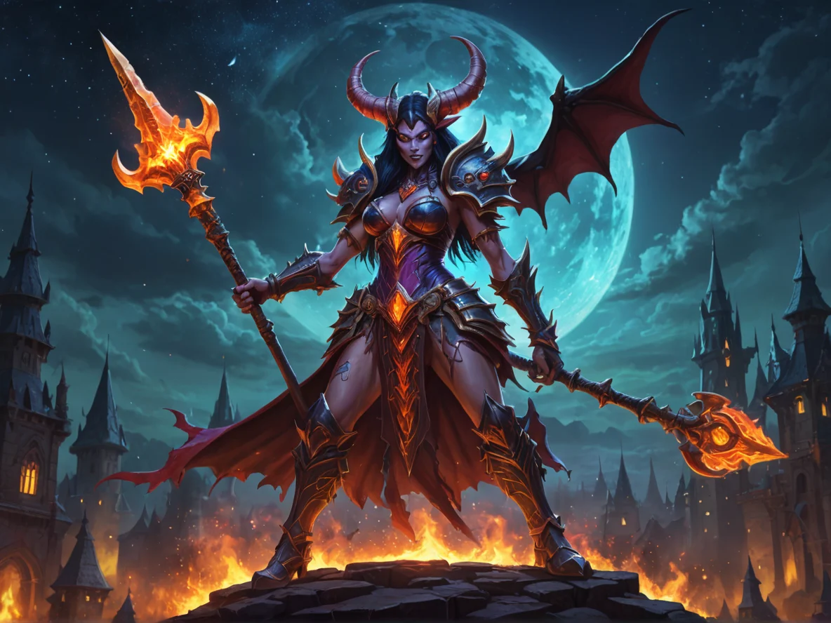 Emberborn (Demon:1.1), Witch, A halberd whose edge reflects the night sky, full-body shot, wizard tower, weak