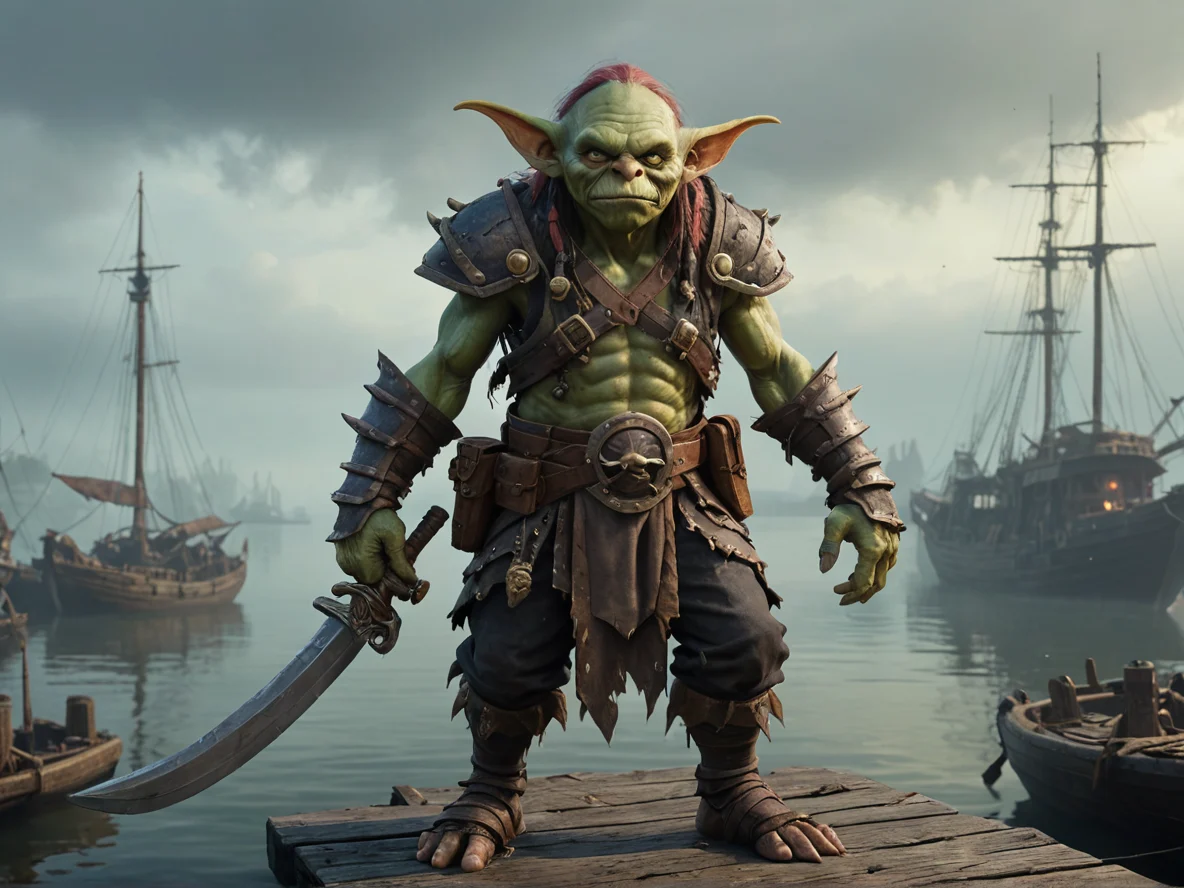 Ancient (Goblin:1.1), Pirate, Armor made of living wood, full-body shot, foggy harbor, weak
