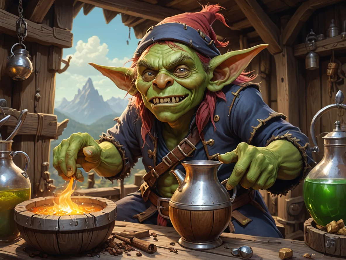 Relentless (Goblin:1.1), Pirate, In a wooden hut, brewing a magical potion, medium close-up, rocky mountain, weak