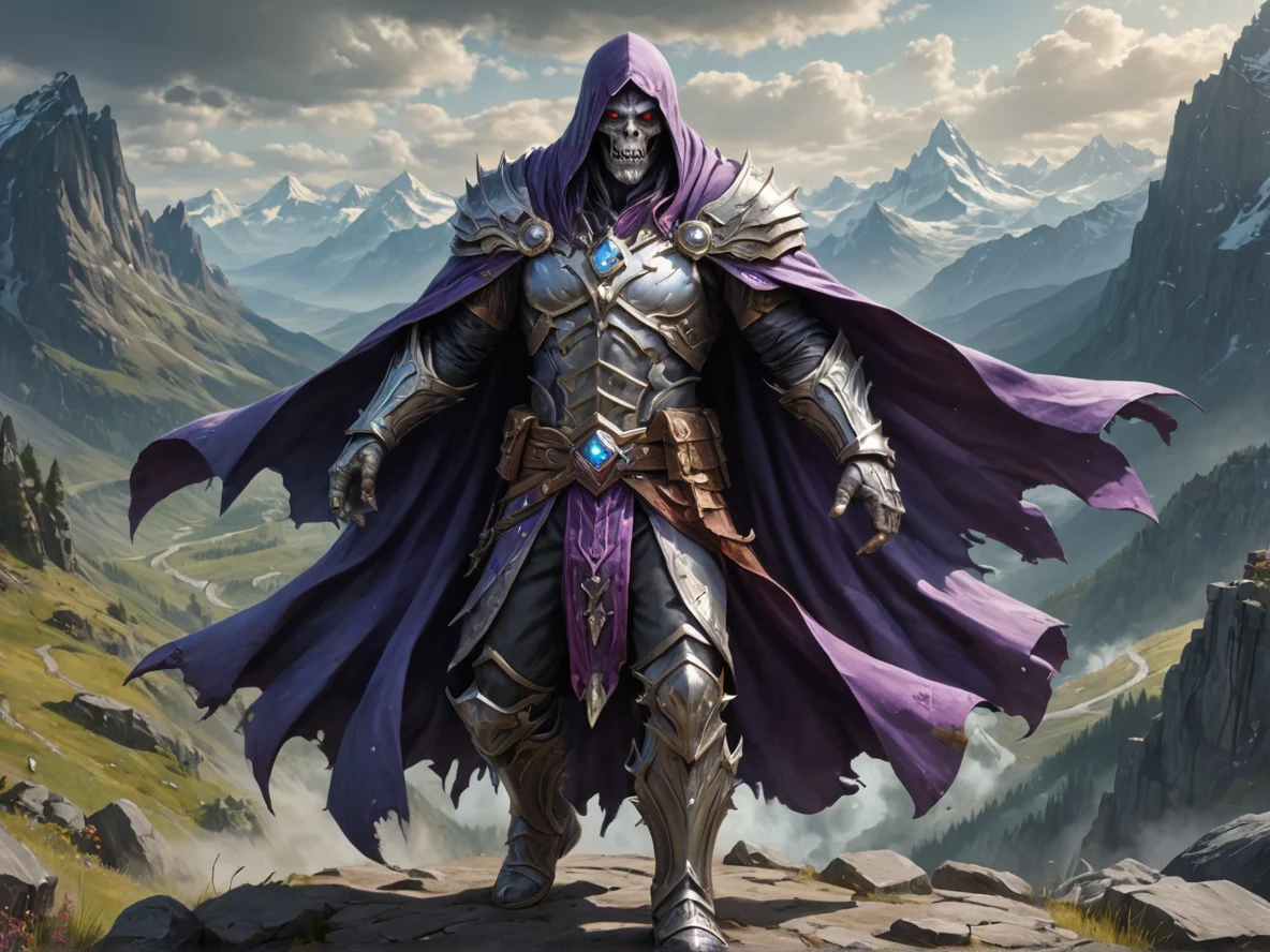 Ambitious (Undead:1.1), Sorcerer, Silver cape flowing in the wind, waist-up shot, mountain pass, weak