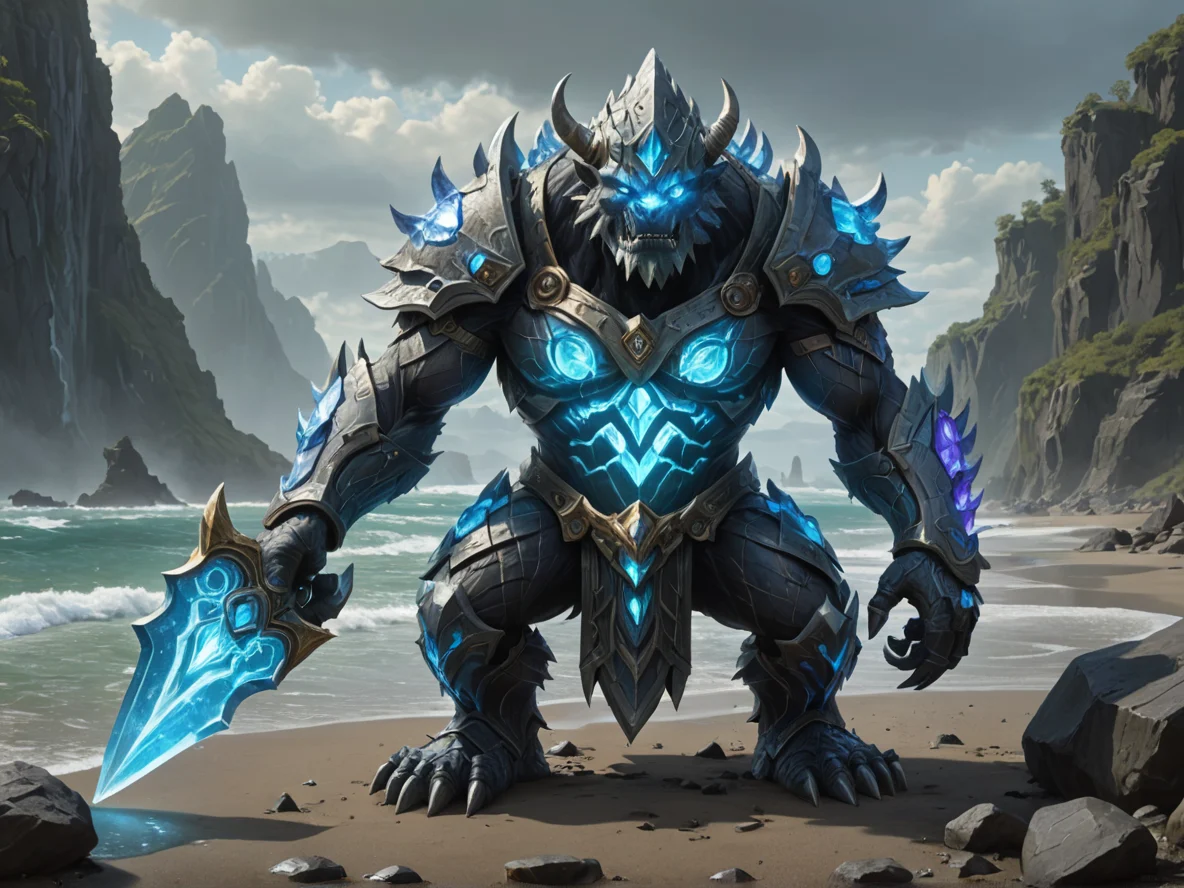 Ferocious (Earth Elemental:1.1), crystal elemental, thin basalt armor, glowing seams, A blade etched with a map of underground rivers, three-quarter view, coastal village, weak