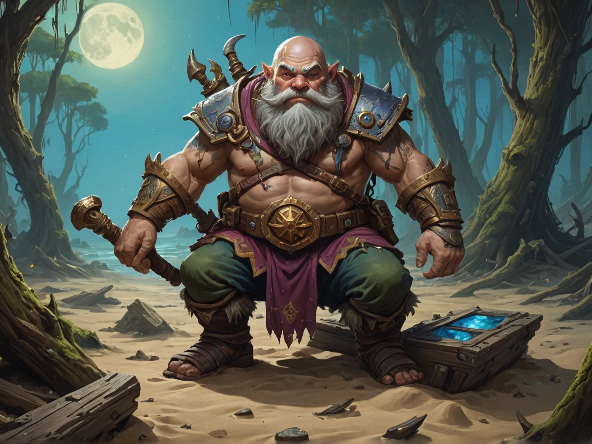 Celestial (Dwarf:1.1), Hunter, On a shipwreck half-buried in the sand, full-body shot, cypress swamp, weak