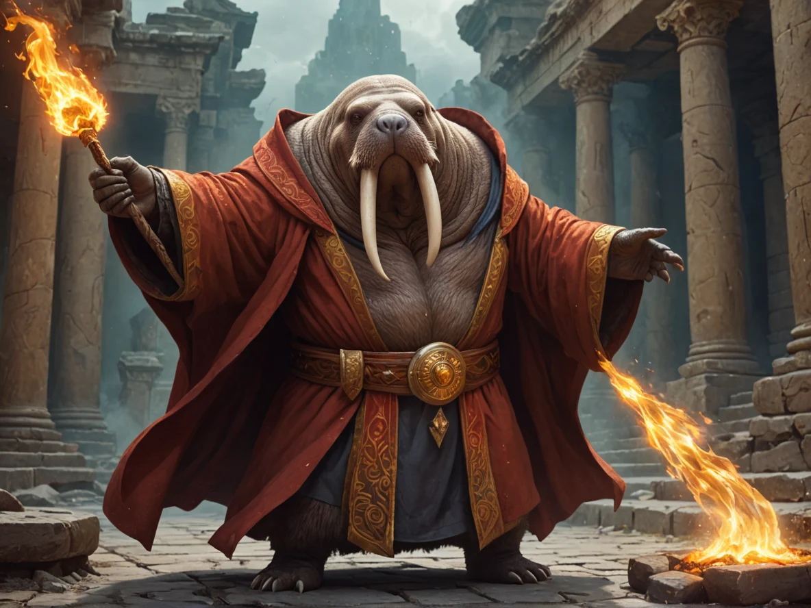Unholy (Walrus:1.1), Wears a cloak that flickers like fire, full-body shot, ancient ruins, weak