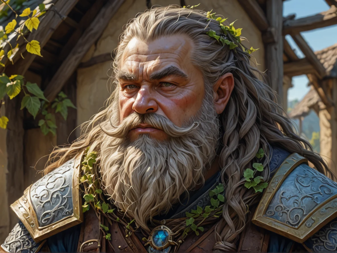 Sunblessed (Dwarf:1.1), Templar, Hair composed of thin living vines, close-up portrait, medieval village, weak