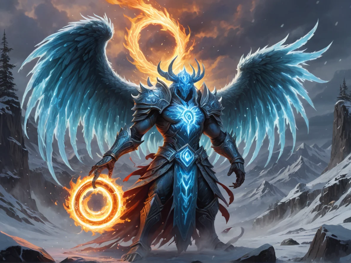 Patient (Fire Elemental:1.1), white flame elemental, radiant heart, winged silhouette, A ring of spectral keys rotating around the waist, medium close-up, icy valley, weak