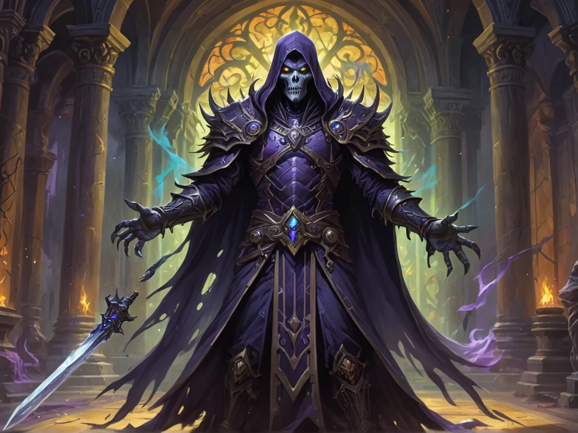 Mystical (Undead:1.1), Shadow Priest, Battling shadows in mirrored hall, medium close-up, royal garden, weak