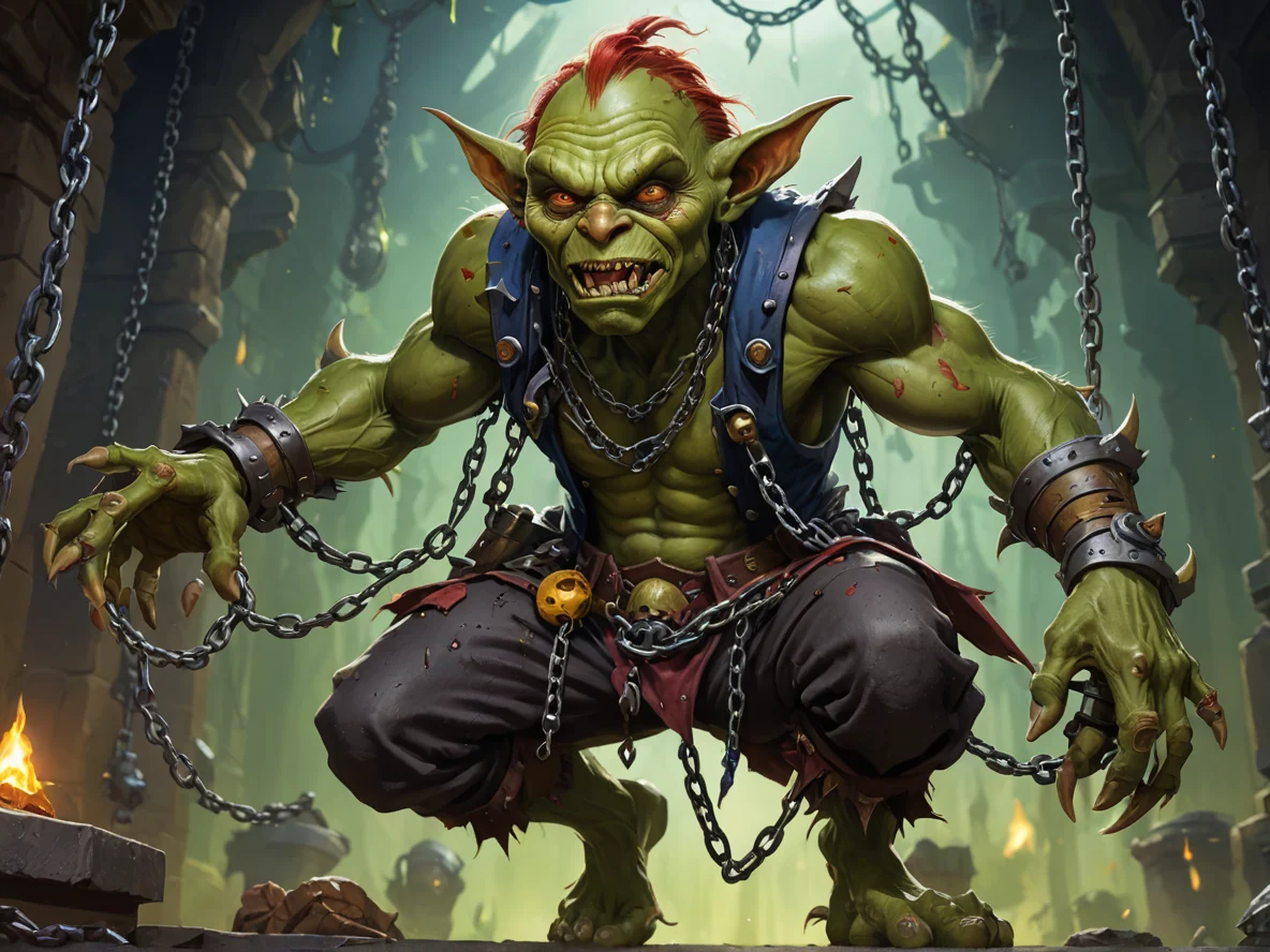 Soulscarred (Goblin:1.1), Trickster, Chains dangle from the shoulders, low angle shot, weak