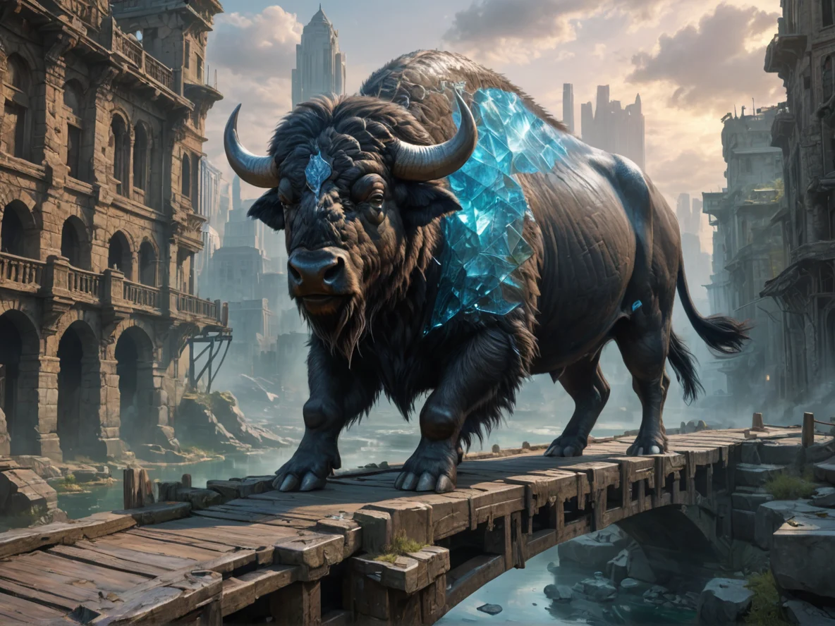 Dominant (Buffalo:1.1), On a narrow bridge made of translucent crystal, medium close-up, city ruins, weak