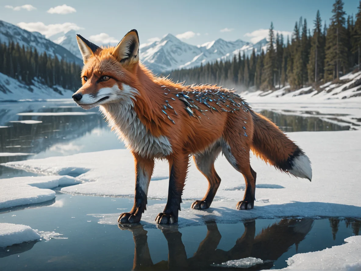 Fearless (Fox:1.1), Spikes protruding from the back, full-body shot, frozen lake, weak