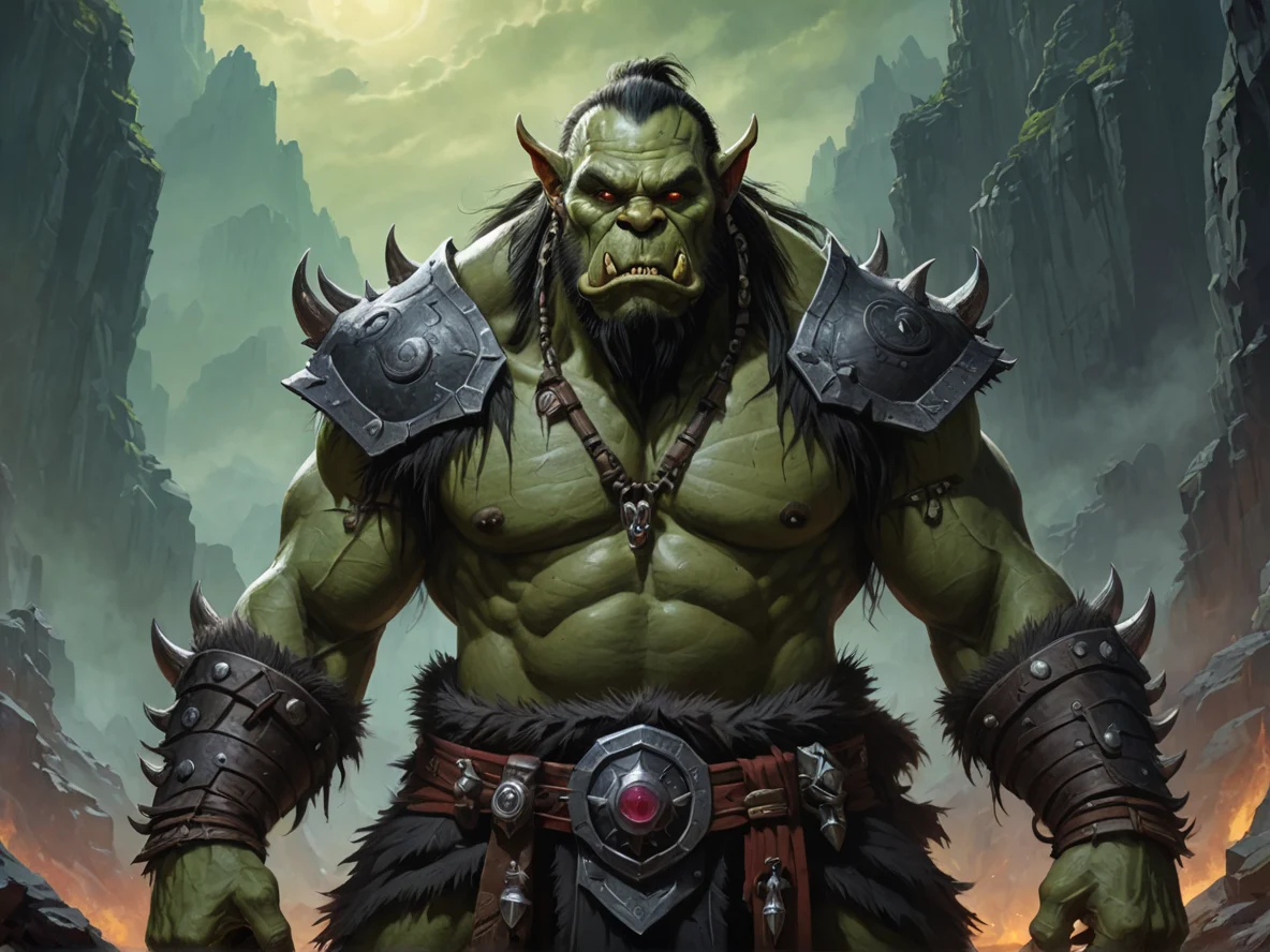 Stoic (Orc:1.1), Shaman, In a valley of obsidian spires, shadows stretching unnaturally, waist-up shot, magical mist, weak